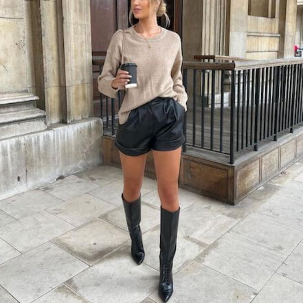 ZARA Faux Leather Cuffed Shorts in Black, High Waisted